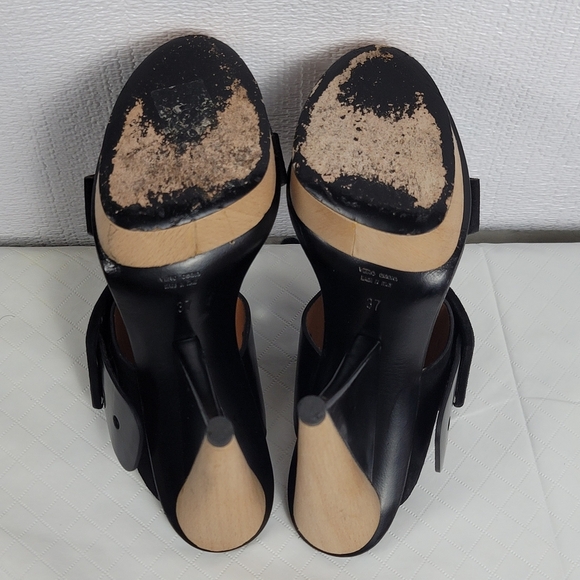 Sergio Rossi Suede Leather Buckle Wood Platform Cone Heels Slides Sandals Sz 37 - Picture 10 of 15